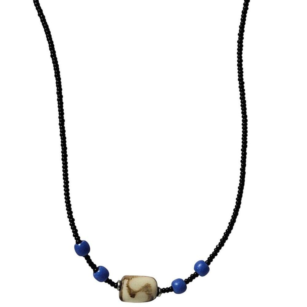Artistic Handmade Black Beaded Necklace Faux Bone Centerpiece Artistic Handmade